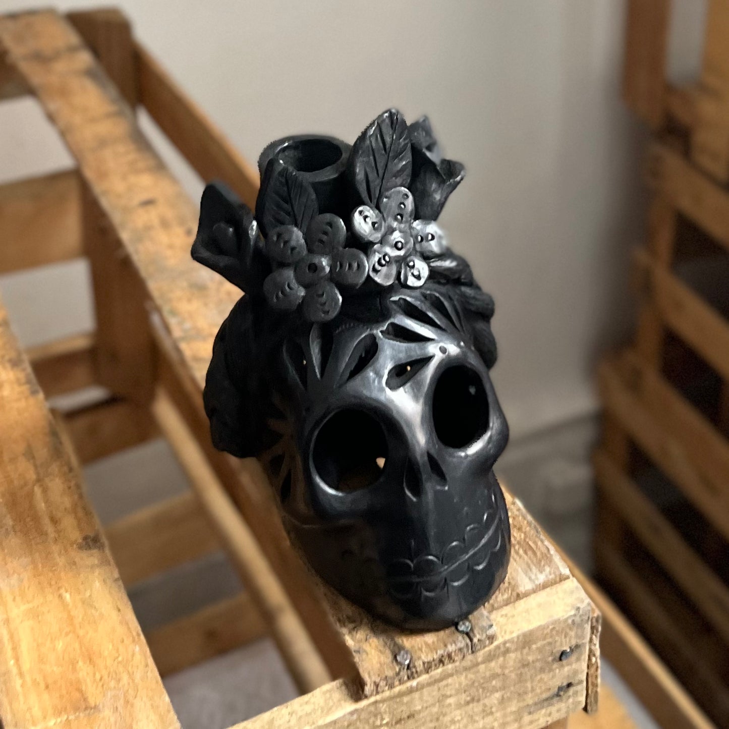 Catrina Skull Candle Holder in Barro Negro