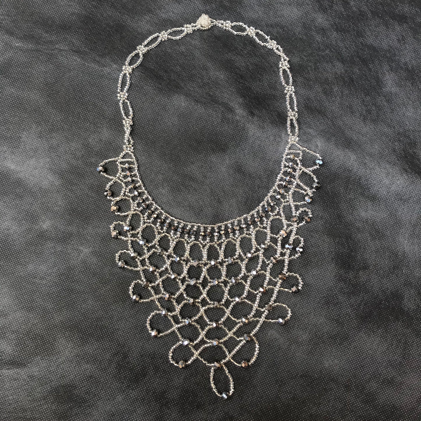 Hand Beaded Necklace in Silver and Grey