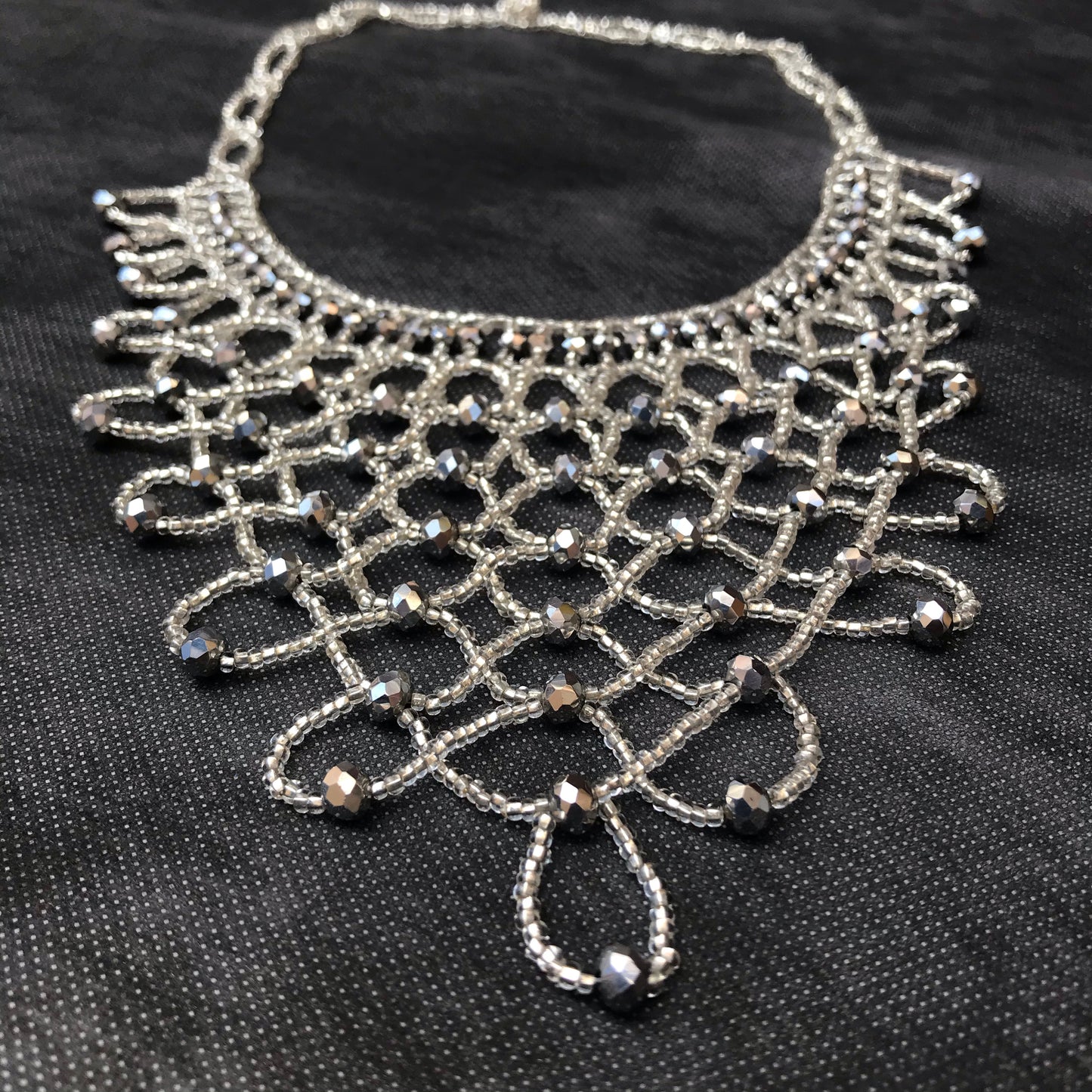 Hand Beaded Necklace in Silver and Grey